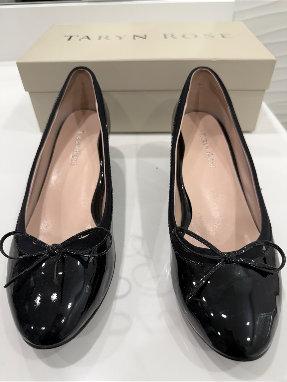 Taryn Rose Black Patent Leather Ballet Flats with Bow Accent